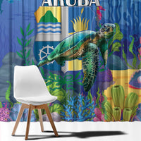 Blue underwater sea turtle curtain panel with coral reef, fish, and sea plants