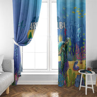 Blue sea turtle curtain panel hanging at a window with underwater reef scene