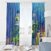 Blue sea turtle curtains with rod-top rings, underwater reef landscape panels