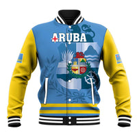 Blue and yellow varsity baseball jacket with Aruba crest graphic and striped rib trim