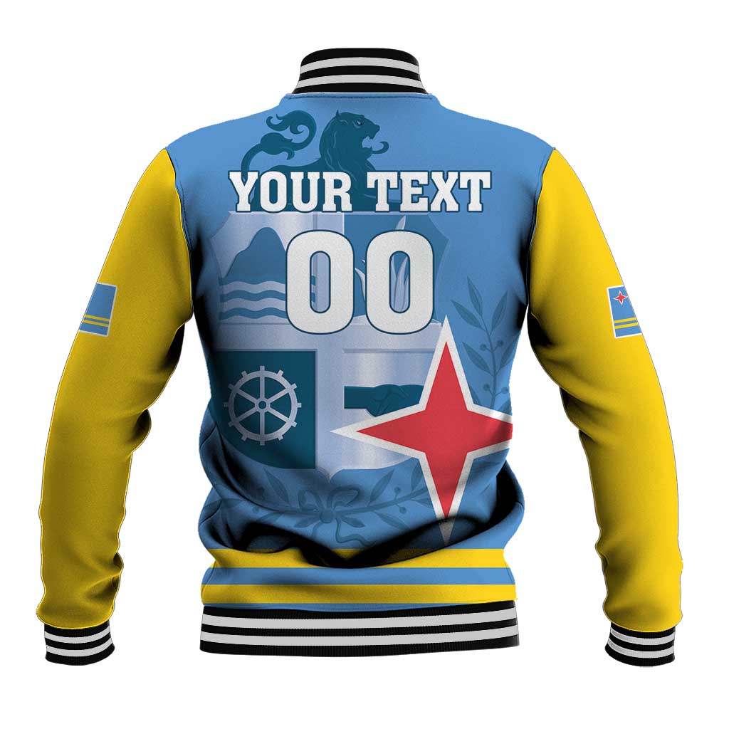Back blue and yellow varsity baseball jacket with red star, YOUR TEXT 00, ribbed trim