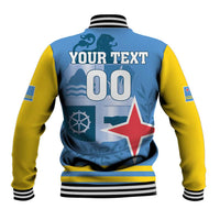Back blue and yellow varsity baseball jacket with red star, YOUR TEXT 00, ribbed trim
