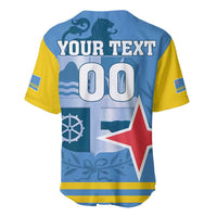 Back view blue baseball jersey with YOUR TEXT 00, large red star and yellow sides