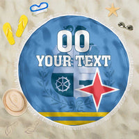 Blue round beach blanket with fringe, 'YOUR TEXT', 00, and red-white star shield