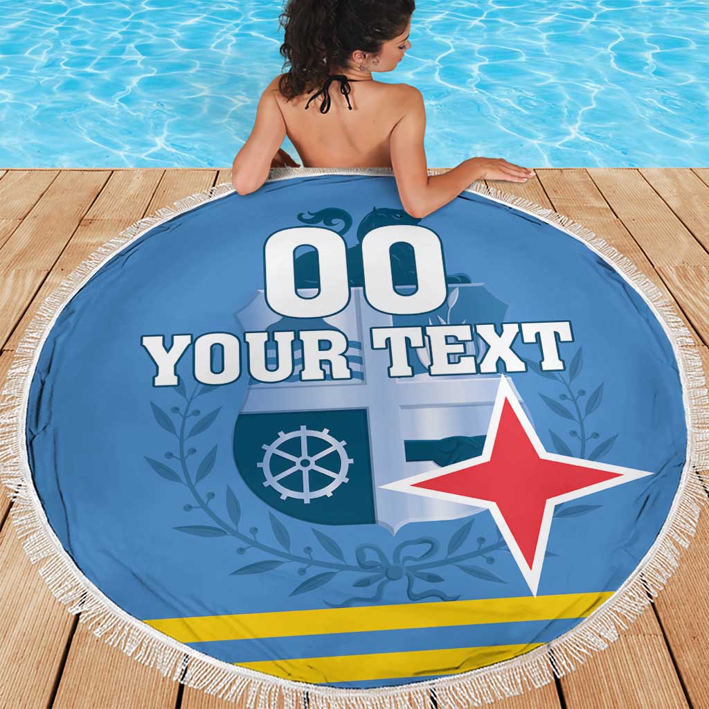 Blue round beach blanket with fringe, 'YOUR TEXT' and red-white star, by pool deck