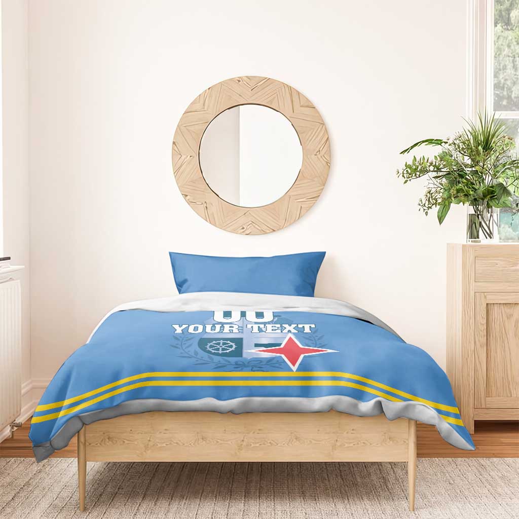 Blue bedding set with pillows; duvet shows '00 YOUR TEXT' and red star flag design