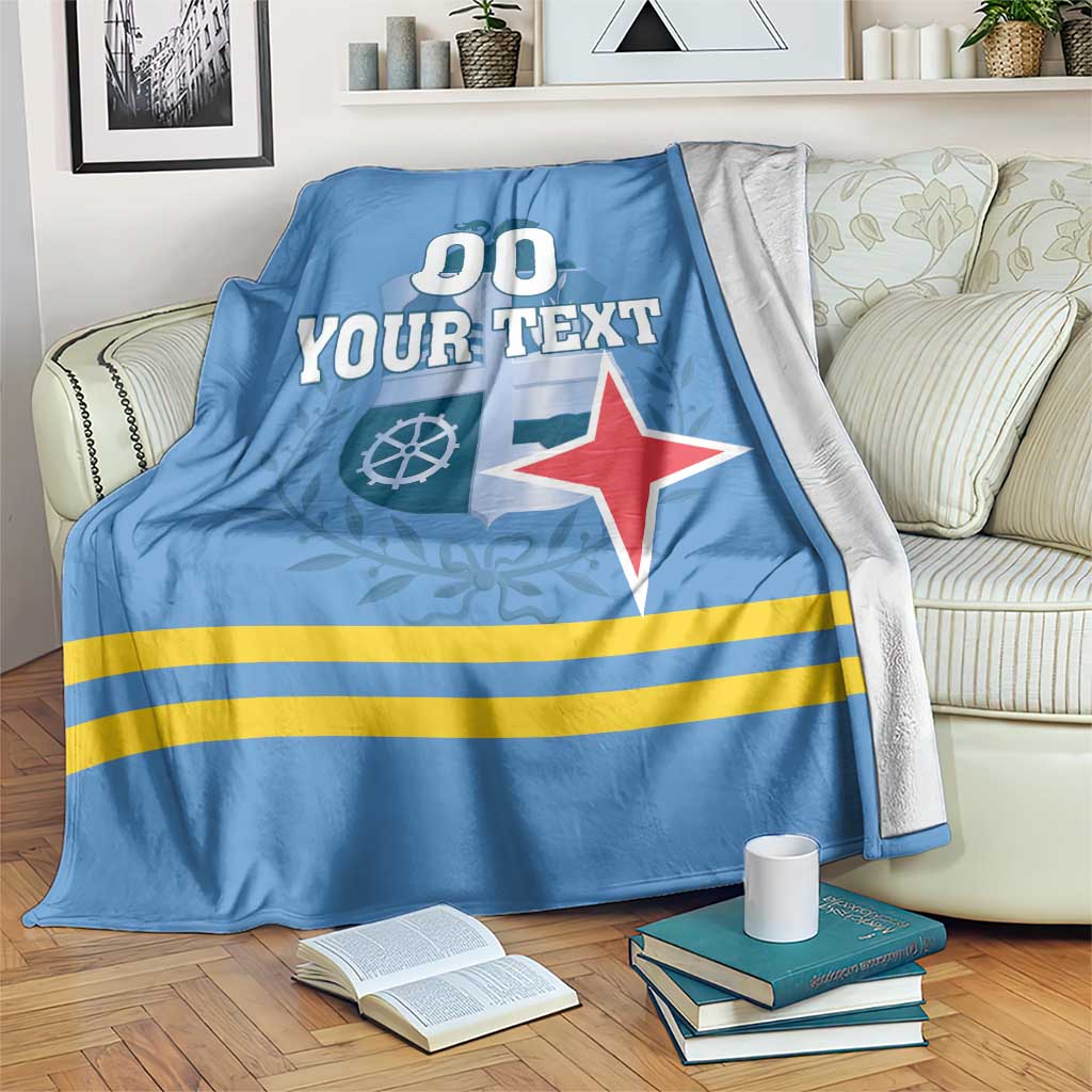 Blue throw blanket with custom text, red star crest, and flag-style yellow stripes
