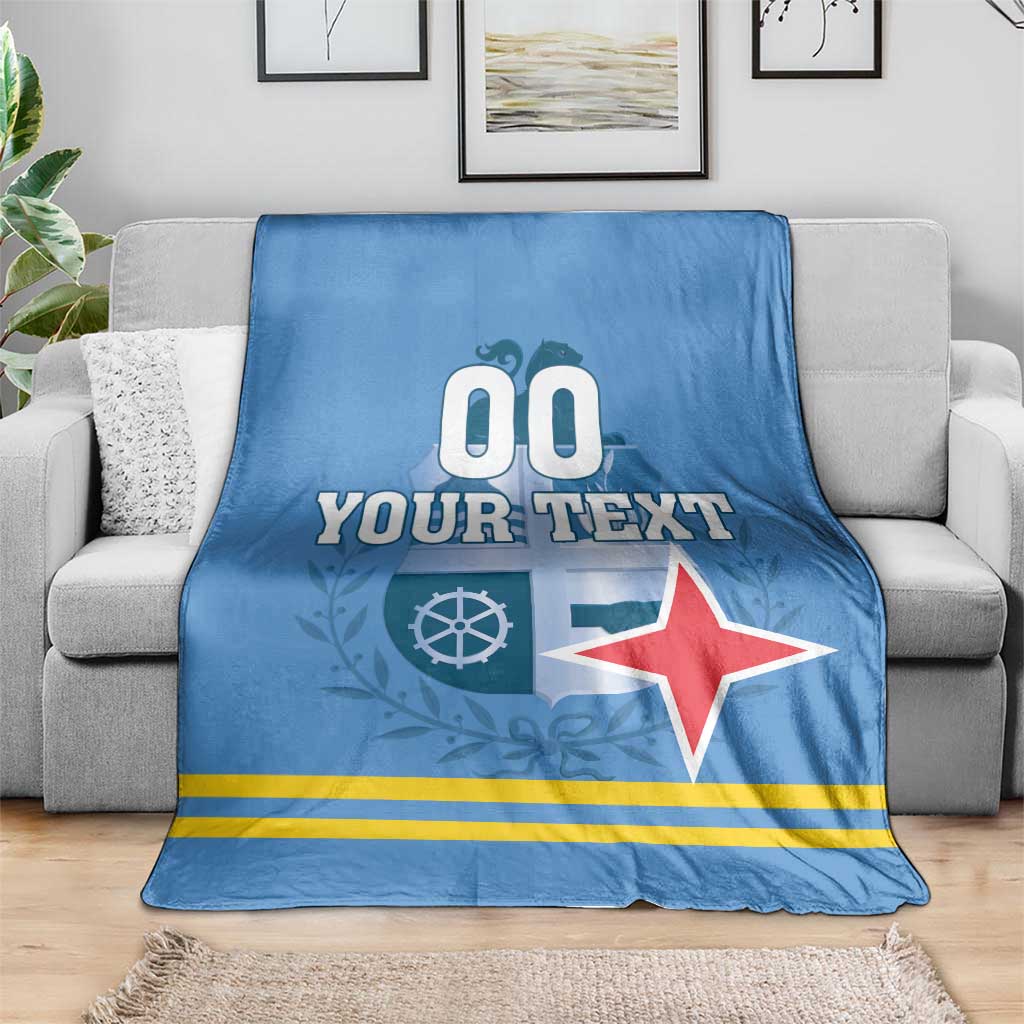 Blue throw blanket showing custom text, wheel emblem, red star, and yellow stripes