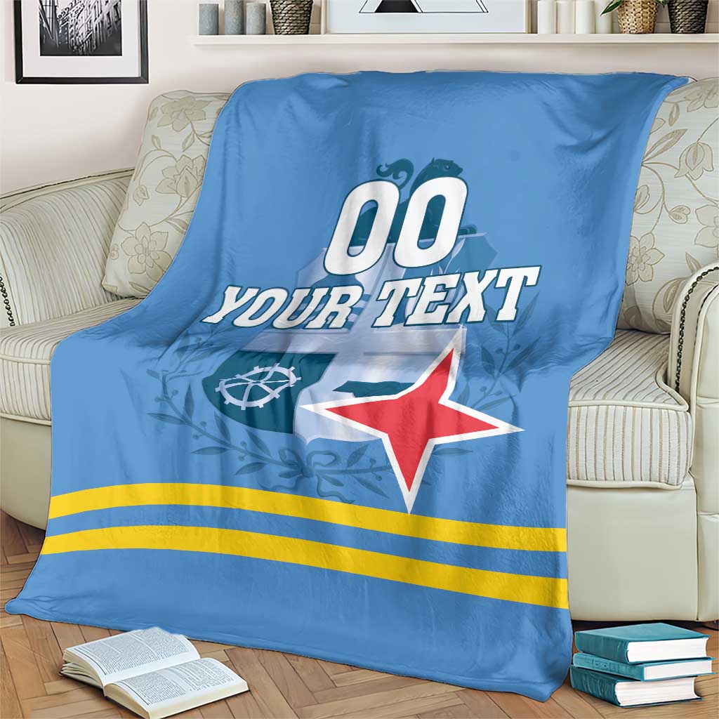 Blue custom blanket draped over sofa with custom text, red star, and yellow stripes