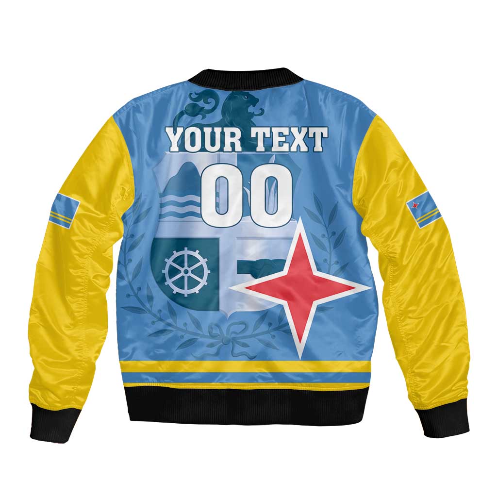 Unisex bomber jacket with star and customizable text graphic on back, blue and yellow sleeves