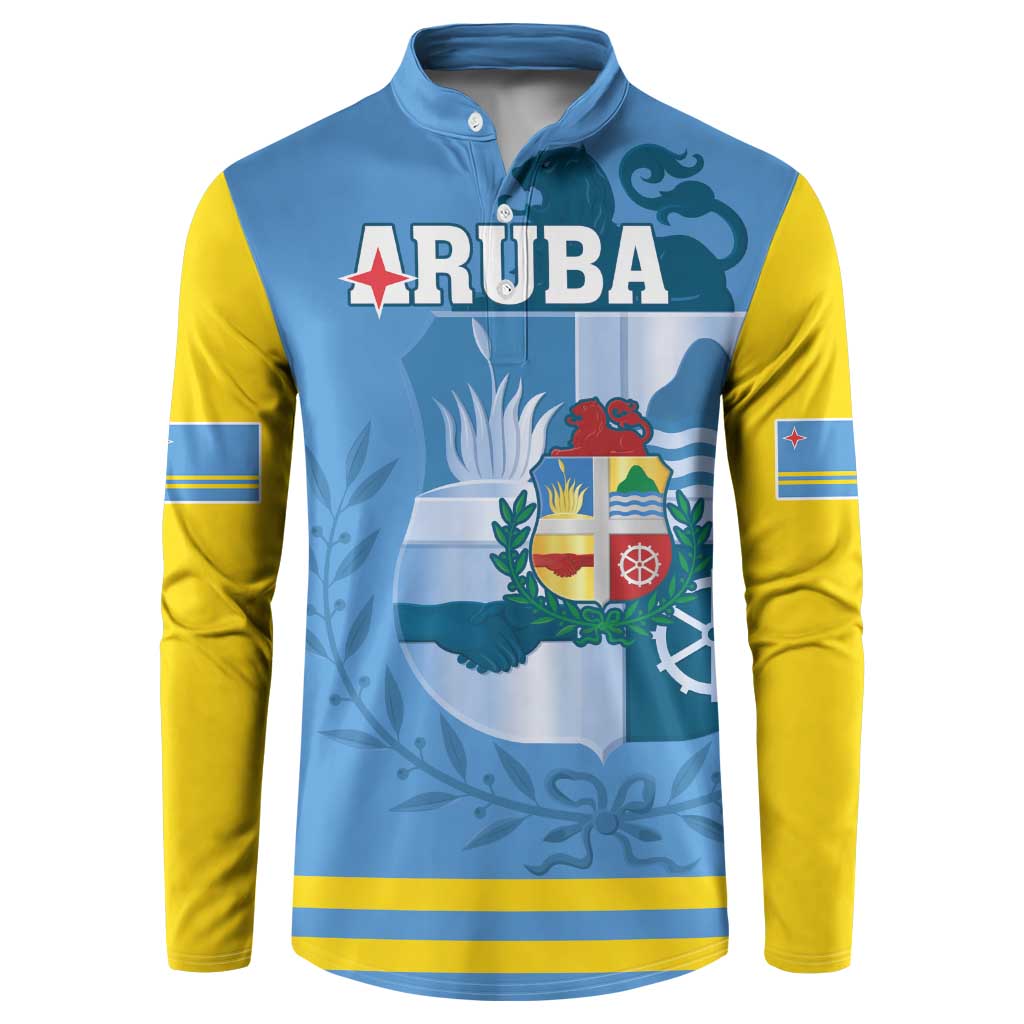 Blue and yellow button-up sweatshirt with Aruba crest graphic on chest