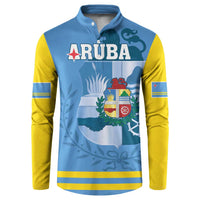 Blue and yellow button-up sweatshirt with Aruba crest graphic on chest
