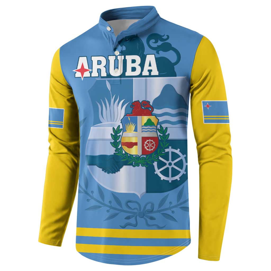 Blue and yellow button-up sweatshirt with Aruba crest emblem and coat of arms