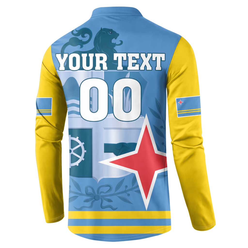 Blue and yellow button-up sweatshirt with "YOUR TEXT 00" and red star on back