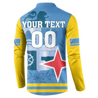 Blue and yellow button-up sweatshirt with "YOUR TEXT 00" and red star on back