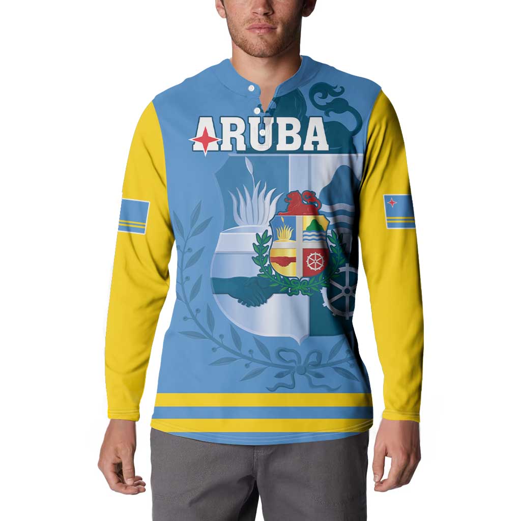 Blue and yellow button-up sweatshirt with "RUBA" logo and crest graphic, model front