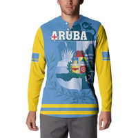 Blue and yellow button-up sweatshirt with "RUBA" logo and crest graphic, model front