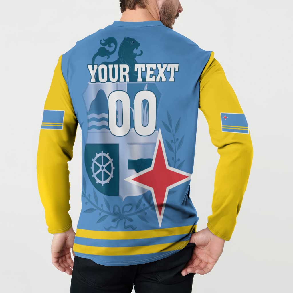 Blue and yellow button-up sweatshirt with "YOUR TEXT 00" and red star, model back