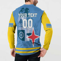 Blue and yellow button-up sweatshirt with "YOUR TEXT 00" and red star, model back