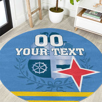 Round blue custom carpet with “YOUR TEXT” and star/flag-style emblem