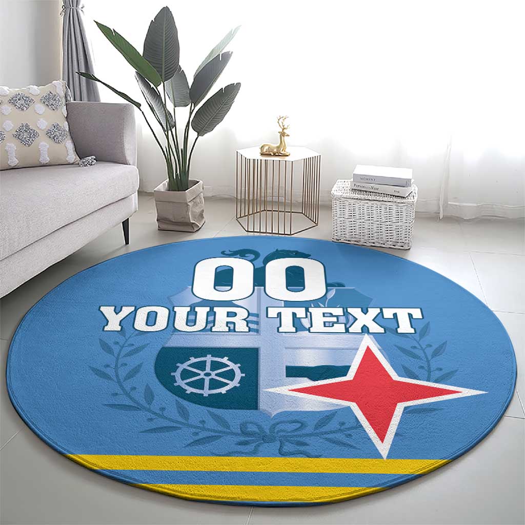 Round blue carpet featuring “YOUR TEXT” and red star with flag-style graphics