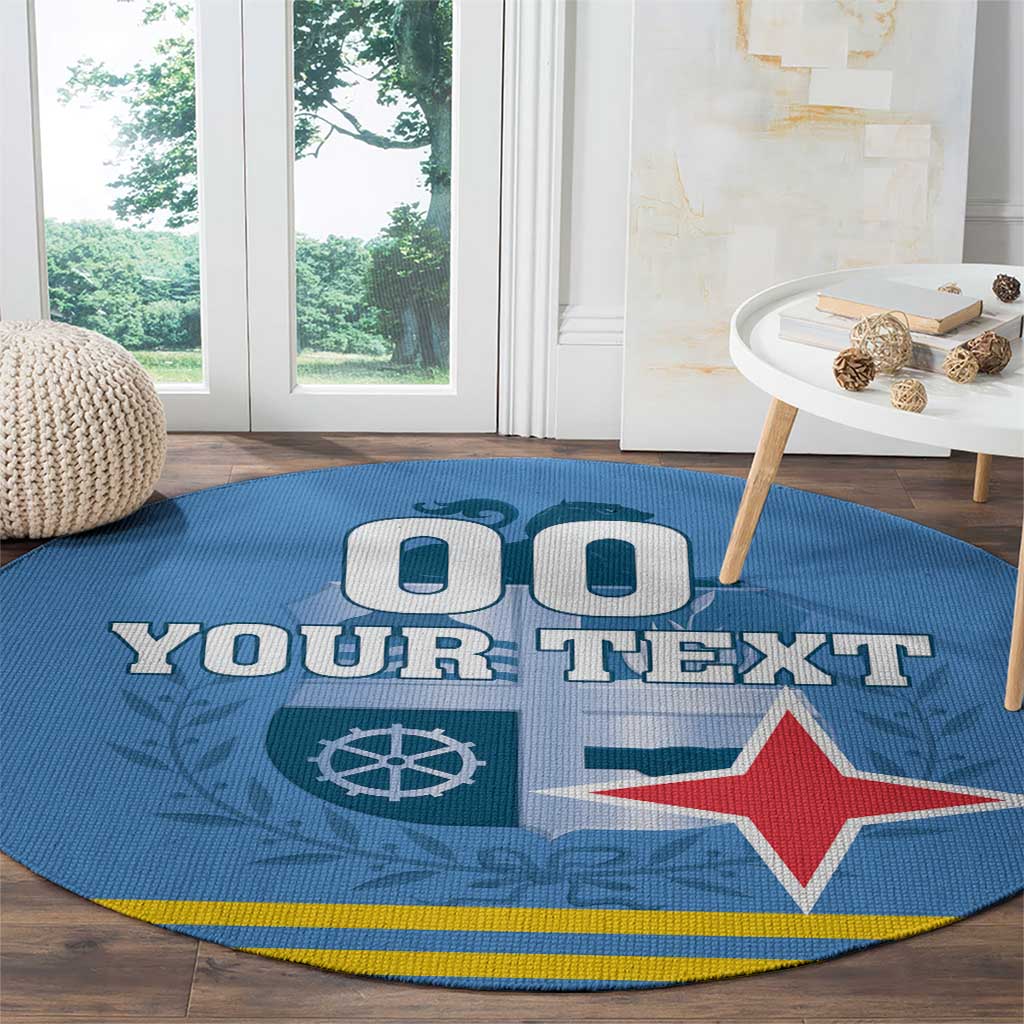 Blue round custom carpet with “YOUR TEXT” and large red-white star emblem