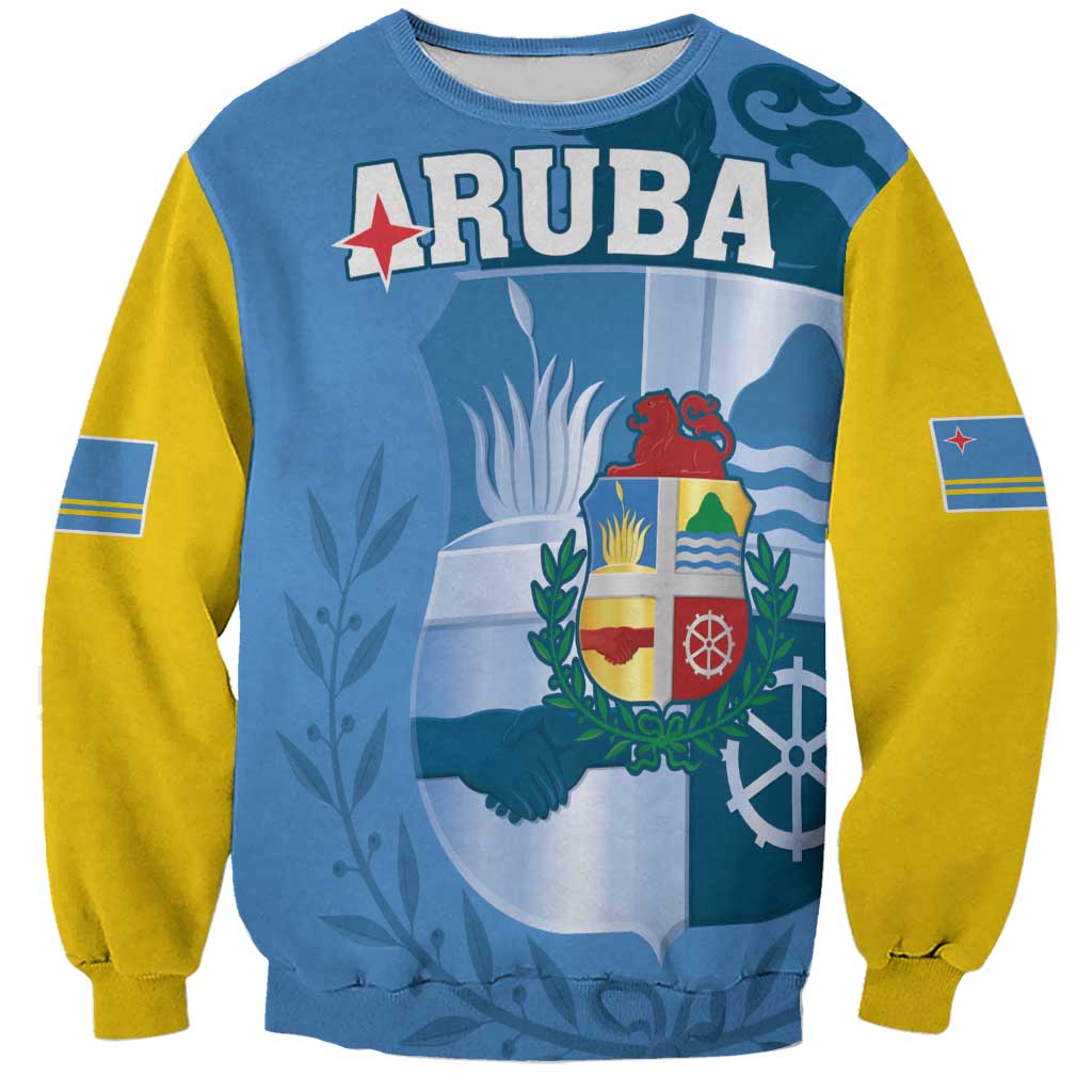 Blue crewneck sweatshirt with yellow sleeves, Aruba graphic patch with crest and flags
