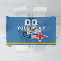 Blue tablecloth with yellow stripe trim and red star crest with optional custom text