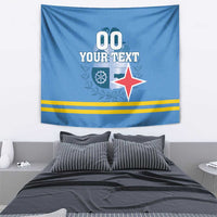 Blue flag-style tapestry with red star emblem and custom text banner