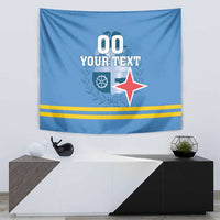 Blue flag-style tapestry featuring '00 YOUR TEXT', red star, and gold stripe bands