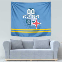 Blue flag-style tapestry with '00 YOUR TEXT' text, red star, and yellow gold stripes
