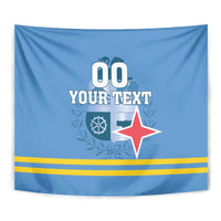 Blue flag-style tapestry close-up with '00 YOUR TEXT', red star, and gold stripes