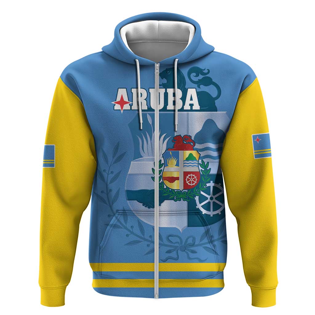 Custom Aruba Coat Of Arms Zip Hoodie With Flag Style - Wonder Print Shop