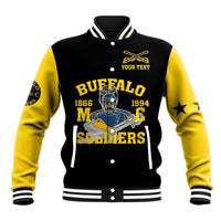Black and gold baseball jacket with striped ribbed collar and front graphic