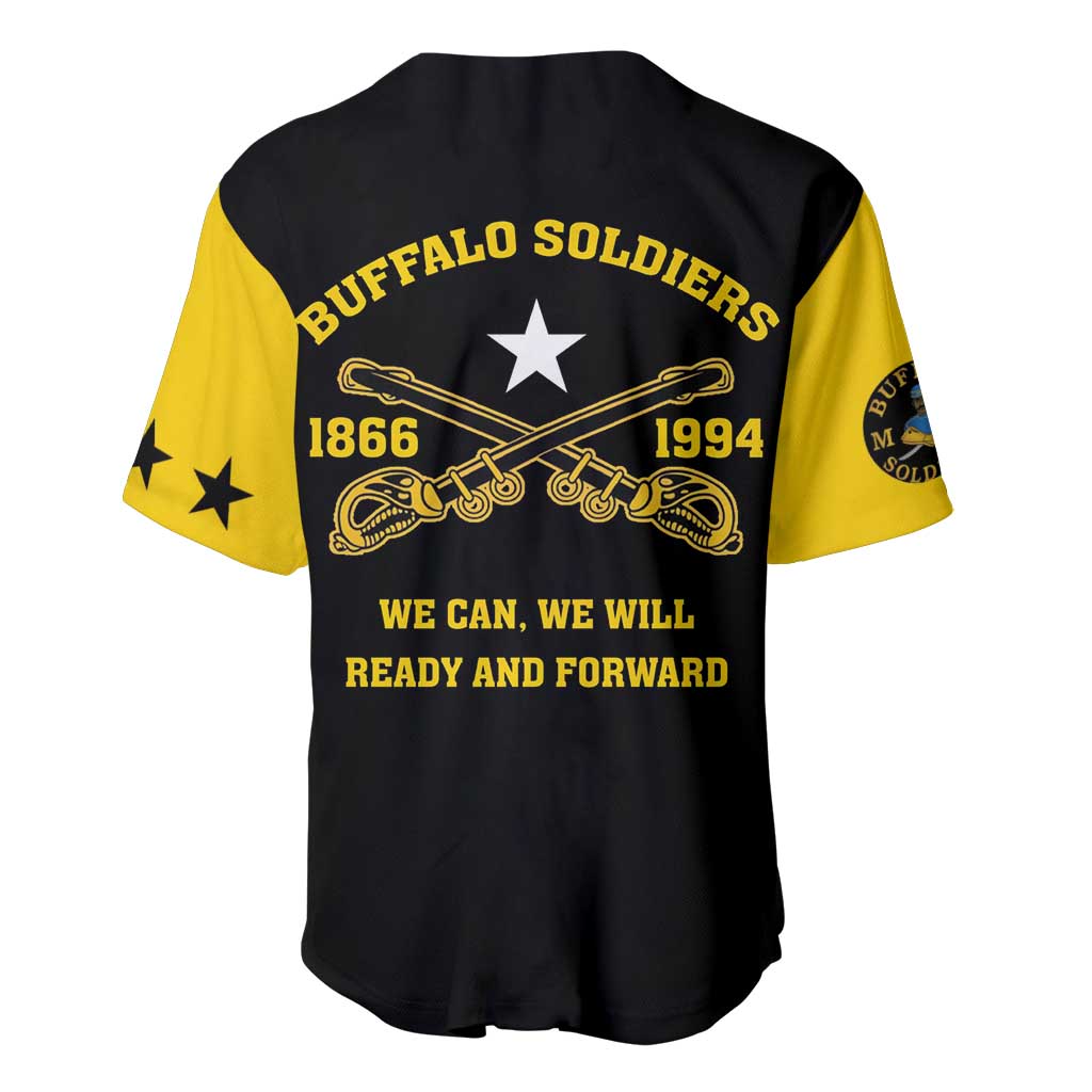 Black and yellow baseball jersey with Buffalo Soldiers graphic and ready and forward text