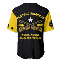 Black and yellow baseball jersey with Buffalo Soldiers graphic and ready and forward text