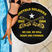 Round black beach blanket with gold 'Buffalo Soldiers' text, star, and white fringe