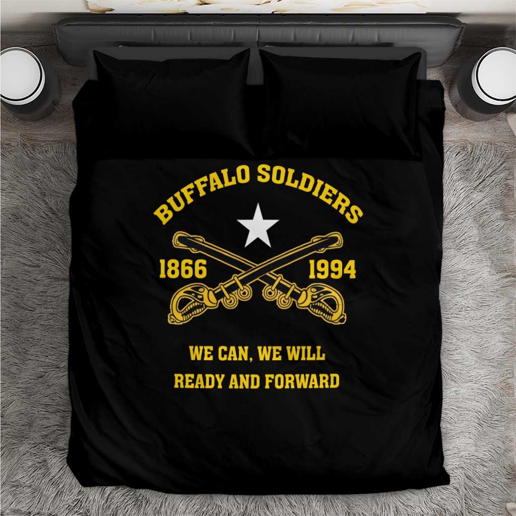 Black duvet cover and two pillows with yellow “Buffalo Soldiers” star, 1866–1994, and slogan