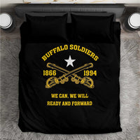 Black duvet cover and two pillows with yellow “Buffalo Soldiers” star, 1866–1994, and slogan