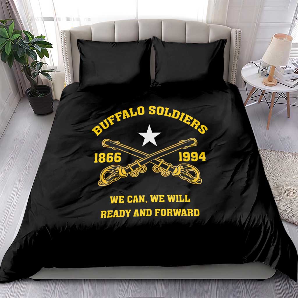 Black duvet cover and two pillows with yellow “Buffalo Soldiers” graphic, star, and dates