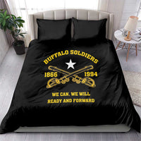 Black duvet cover and two pillows with yellow “Buffalo Soldiers” graphic, star, and dates