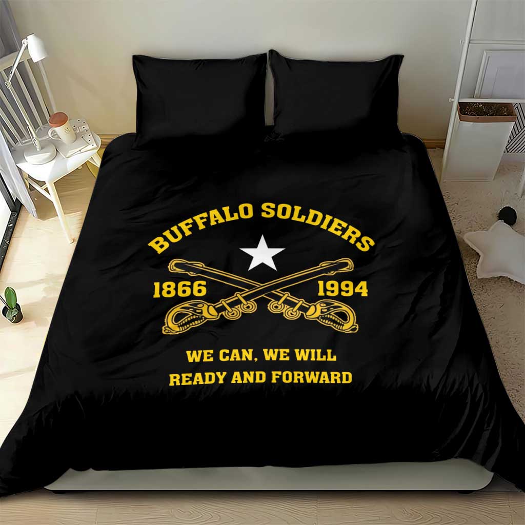 Black bedding set with duvet and two pillows; yellow “Buffalo Soldiers” star, dates, and slogan