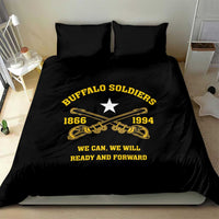 Black bedding set with duvet and two pillows; yellow “Buffalo Soldiers” star, dates, and slogan