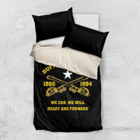 Black duvet with “Buffalo Soldiers” design and two black pillows; cream reverse panel visible