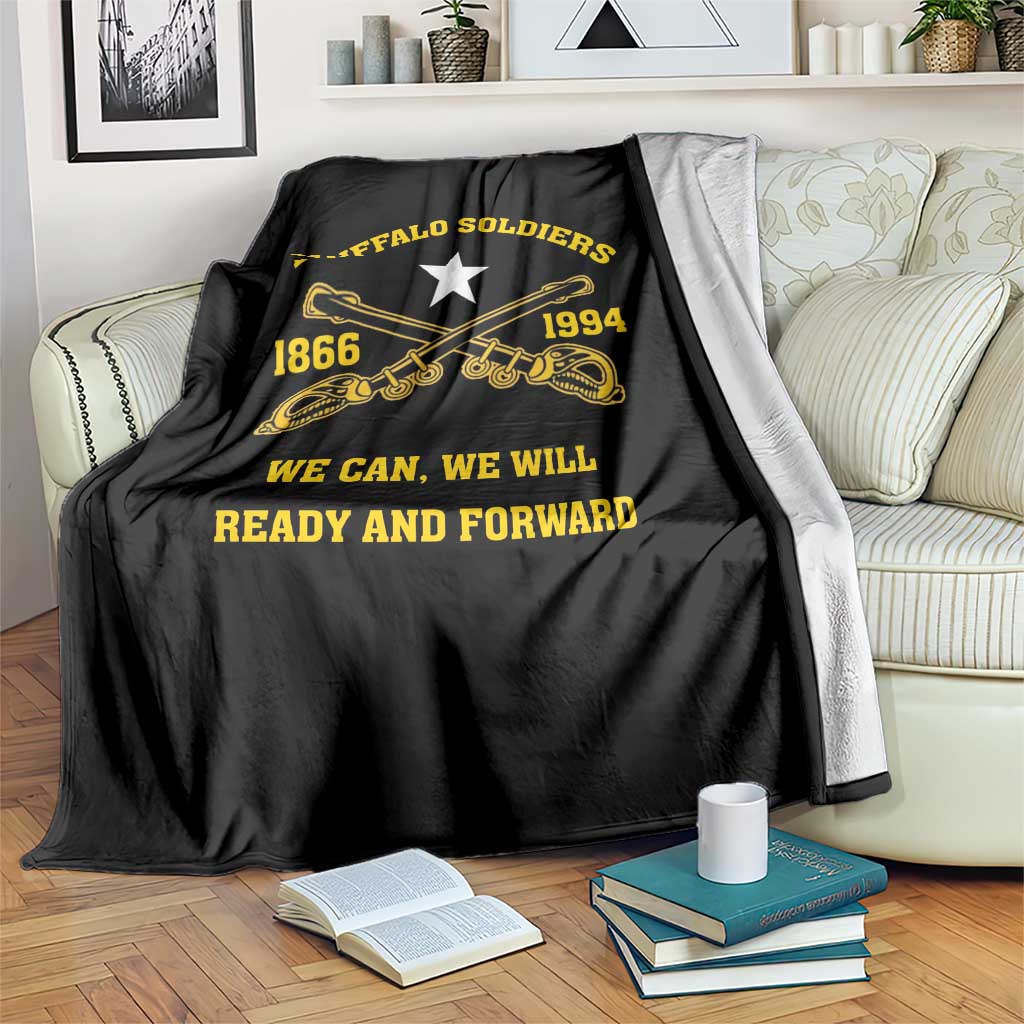 Black blanket with centered gold “Buffalo Soldiers” text, white star, and “We can, we will”
