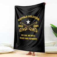 Black blanket with large gold “Buffalo Soldiers” emblem, white star, and gold “We can” text
