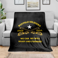 Black blanket with gold “Buffalo Soldiers” text, white star, and “We can, we will” slogan