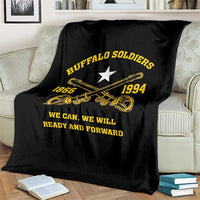 Black throw blanket with gold “Buffalo Soldiers” emblem, white star, crossed gun graphic