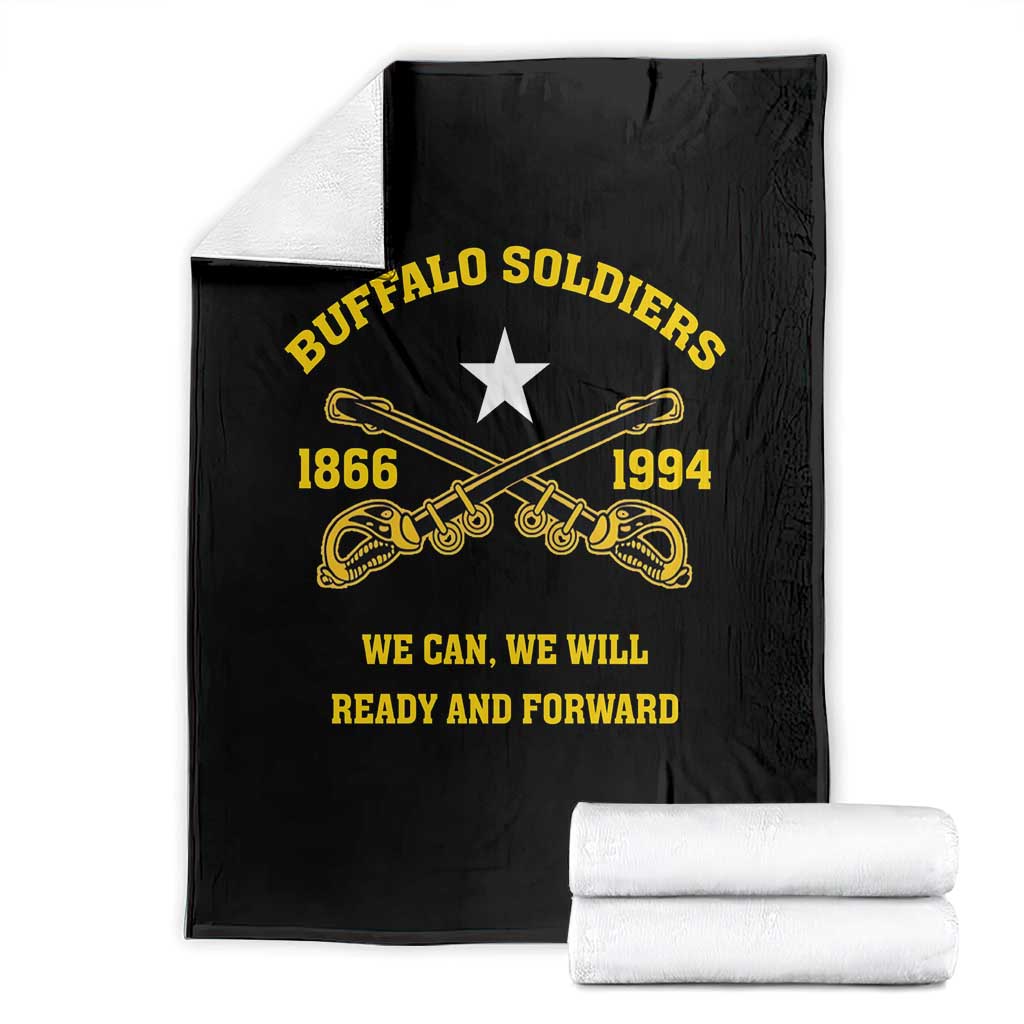 Black blanket with gold “Buffalo Soldiers” crest, white star, and “We can, we will” slogan