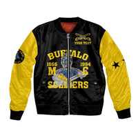 Black bomber jacket with yellow sleeves, full-zip front, Buffalo Soldiers chest graphic